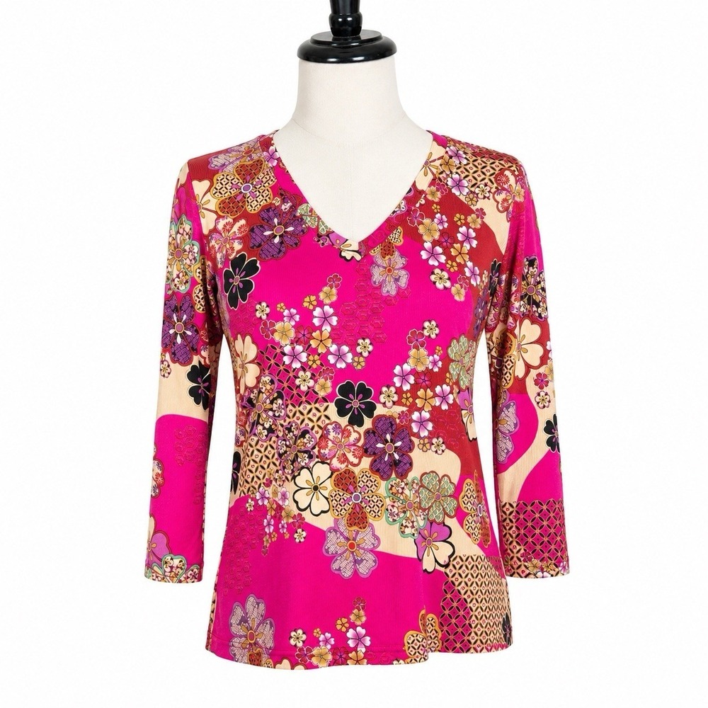 Johnny Was Janie Favorite V‑neck‎ Swing Tee Small Pink Floral Stretch Bamboo